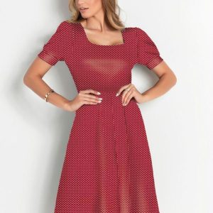 Vestido Poá Vermelha Manga 3/4