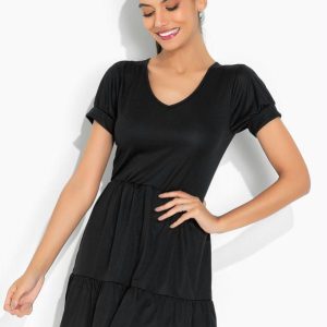 Vestido Preta com Babados e Mangas Bufantes