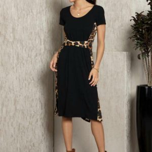 Vestido Preto/Onça com Recorte nas Laterais