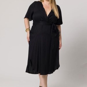 Vestido Transpassado Midi com Faixa Preto