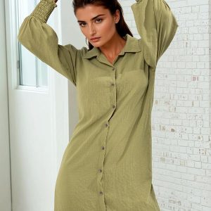 Vestido Verde em Crepe Plano com Punhos Largos