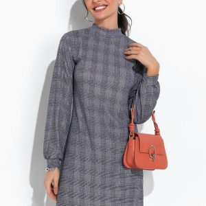 Vestido Xadrez Marinho Evasê com Gola