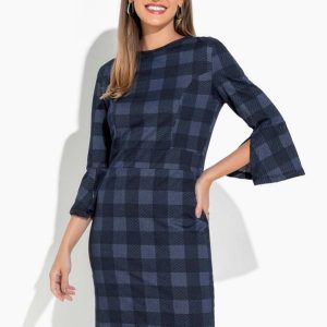 Vestido Xadrez Marinho com Manga