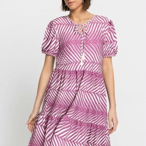 Vestido com Amarração Manga Curta Listras Roxas