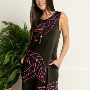 Vestido com Bolsos Folhagem Rosa