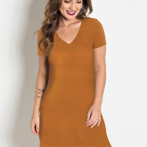Vestido com Decote em V Caramelo