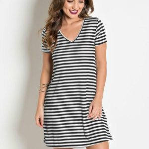 Vestido com Decote em V Listrada