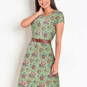 Vestido com Gola Redonda Floral Verde
