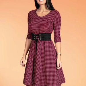 Vestido com Mangas 7/8 Pied de Poule Rosa