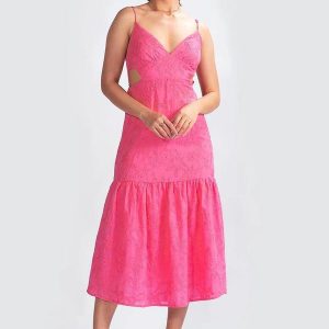 Vestido em Tecido Plano Bordado Rosa
