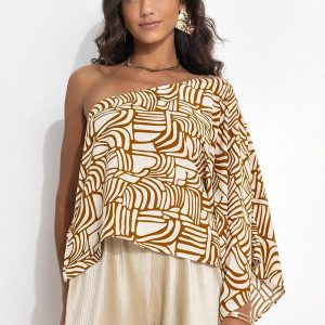 Blusa Abstrato Camel em Viscose Plana