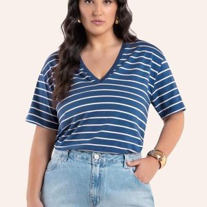 Blusa Feminina Plus Size Gola V Azul