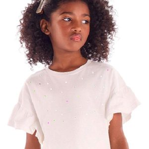 Blusa Infantil Manga Franzida Strass Branco