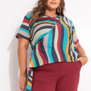 Blusa Listrado Irregular em Malha com Elastano