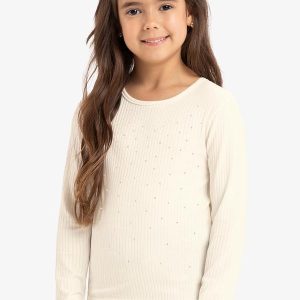 Blusa Manga Longa com Aplicação Strass Bege