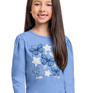 Blusa Manga Longa em Meia Malha Azul