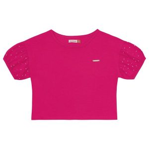 Blusa Rosa Escuro Cropped com Strass Menina