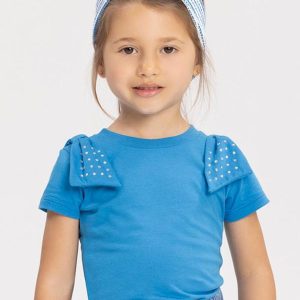 Blusa de Mangas Curtas com Laços e Strass Azul