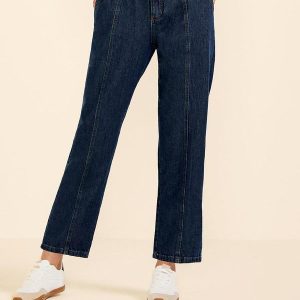 Calça Feminina Reta Jeans Recortes Azul