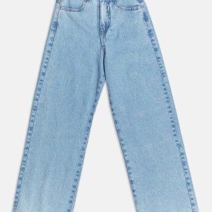 Calça Jeans Wide com Strass de Coração Azul