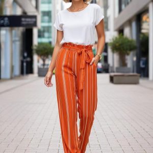 Calça Listrado Telha em Linho