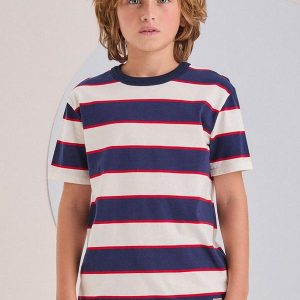 Camiseta Listrada Branca e Azul Marinho