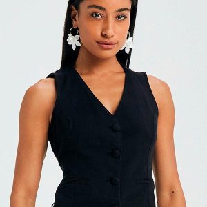 Colete Feminino Alfaiataria Linho Preto