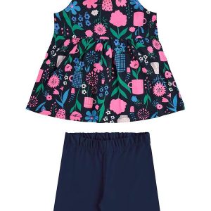 Conjunto Bata Floral e Bermuda Azul