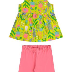 Conjunto Bata Floral e Bermuda Verde