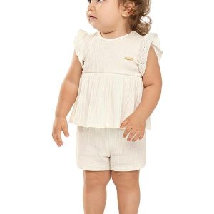 Conjunto Bebê Menina Malha Canelada Bege