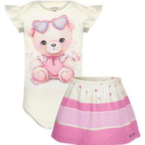 Conjunto Bebê com Body e Saia Estampada Rosa