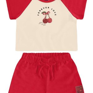 Conjunto Cropped Cerejinhas e Short Bee Loop Bege