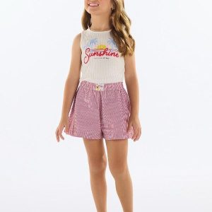 Conjunto Cropped e Short Listrado Bege