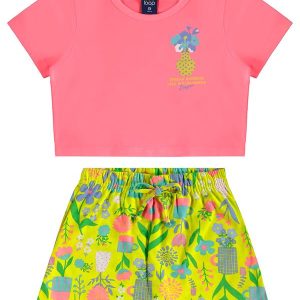 Conjunto Cropped e Short-Saia Floral Rosa