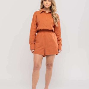 Conjunto Feminino de Camisa e Short em Algodão Laranja
