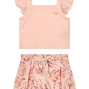 Conjunto Infantil Menina Canelado Folhas Rosa