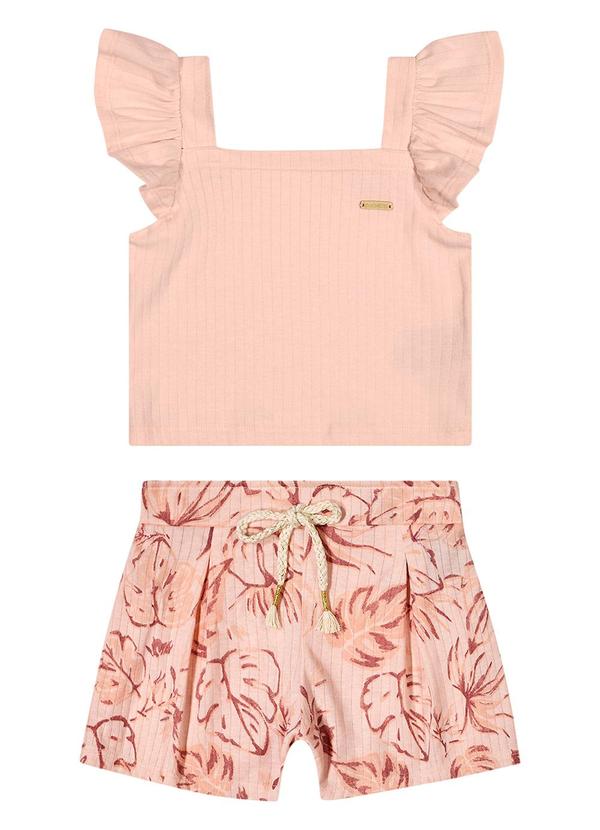 Conjunto Infantil Menina Canelado Folhas Rosa
