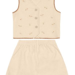 Conjunto Infantil Menina Colete Bordado Natural