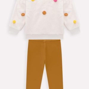 Conjunto Infantil Menina Pompons Off White