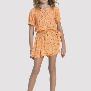 Conjunto Infantil Menina em Viscose Estampado Laranja