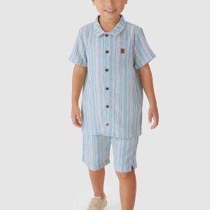 Conjunto Listrado em Linho Azul Claro