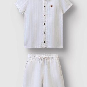 Conjunto Listrado em Linho Off White