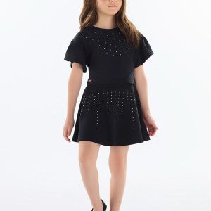 Conjunto com Blusa e Saia com Strass Preto