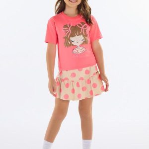 Conjunto com Blusa e Saia de Bolinhas Rosa