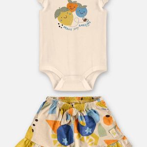 Conjunto com Body e Short Bebê Menina Bege
