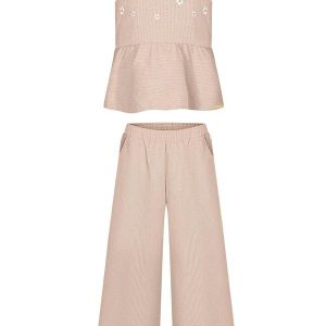 Conjunto com Calça e Blusa Bordada de Alças Bege