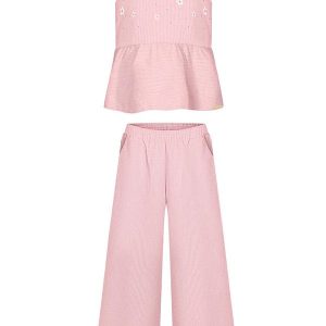 Conjunto com Calça e Blusa Bordada de Alças Rosa