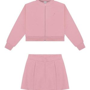 Conjunto em Moletom com Saia e Jaqueta Rosa