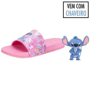 Kit Chinelo Infantil Slide Disney e Chaveiro Stitch Grendene Rosa