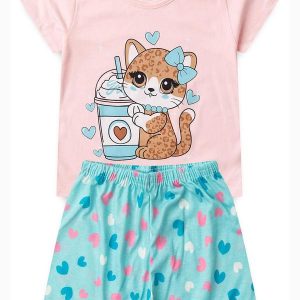 Pijama Feminino Verão Gata Onça Rosa